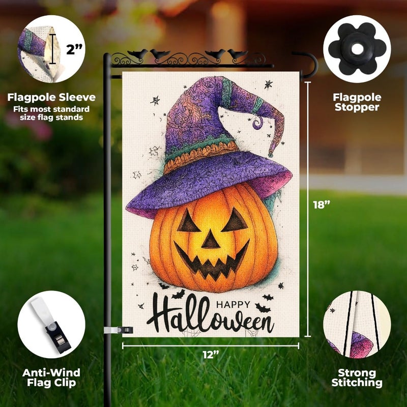 KarvePro Happy Halloween Garden Flag 12x18 Inch – Pumpkin with Purple Hat, Double Sided Burlap Fall Yard Flag for Outside - Image 3